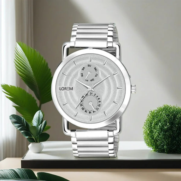 Silver 3D Embossed Stainless Steel Analog Watch For Men LR124